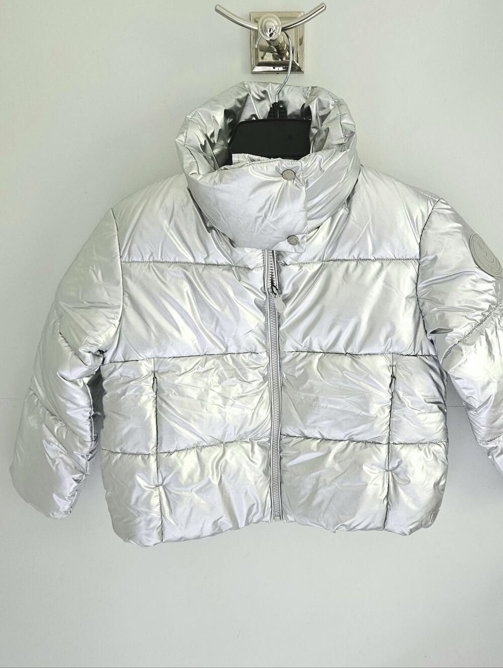 Save The Duck Silver Metallic Puffer Coat Funnel Neck NWT